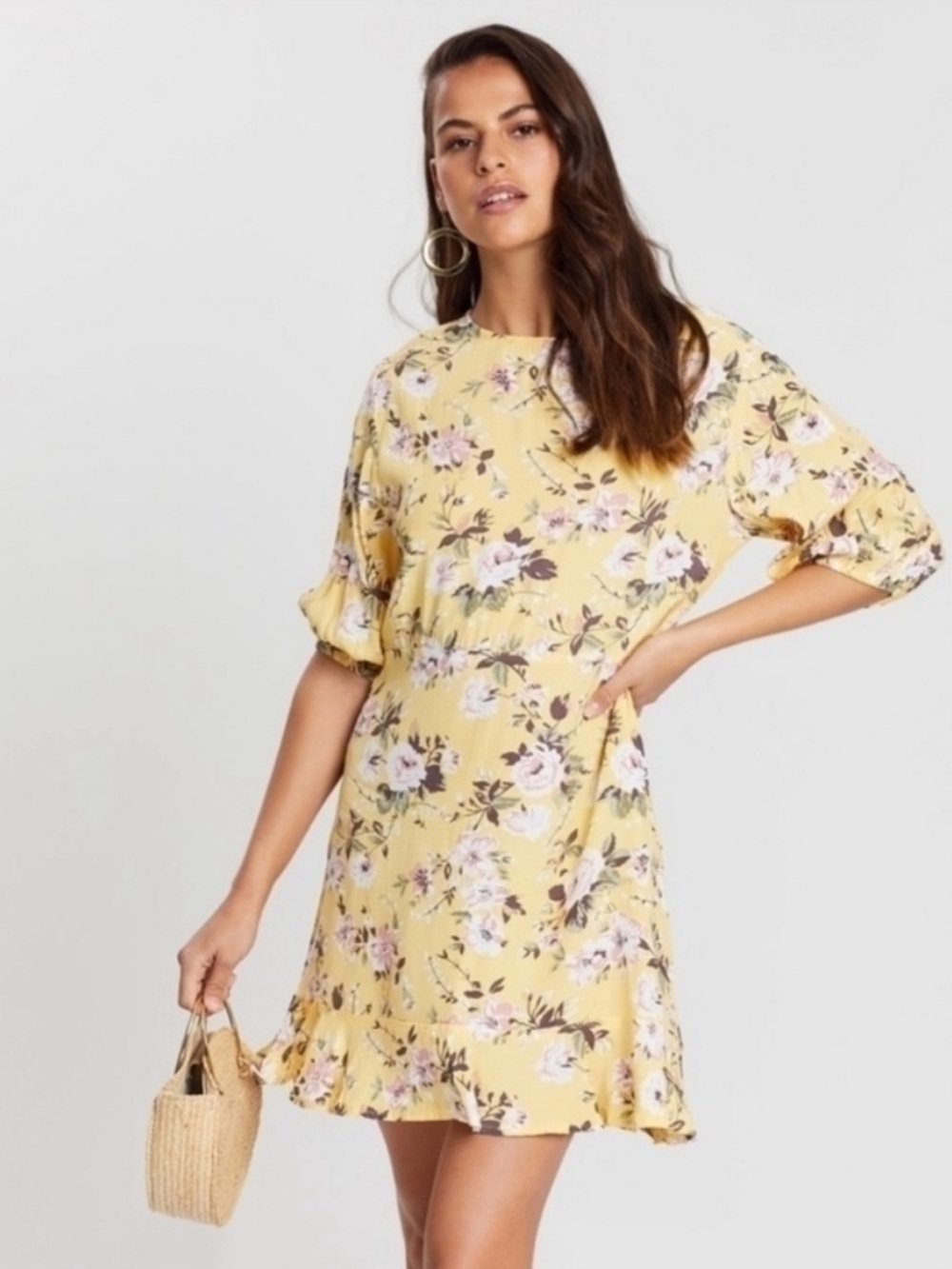 Faithfull The Brand Jeanette Yellow Floral Mini Dress Revolve US 8 Size Large